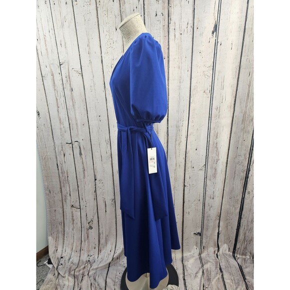 ALK Women's 10 Calvin Klein Blue Puff Sleeve Tie Waist Midi Length V-Neck Dress - Picture 4 of 7